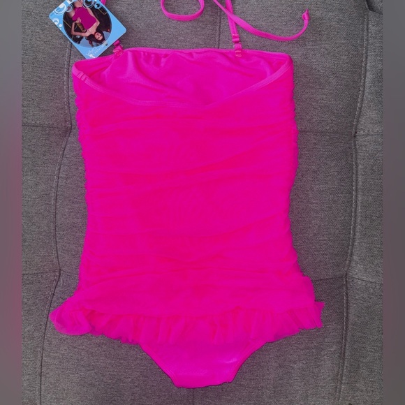 Skinny Dip Swimwear Ruched Mesh Halter Maillot Swimsuit by Leg Avenue - Hot Pink - Picture 3 of 6